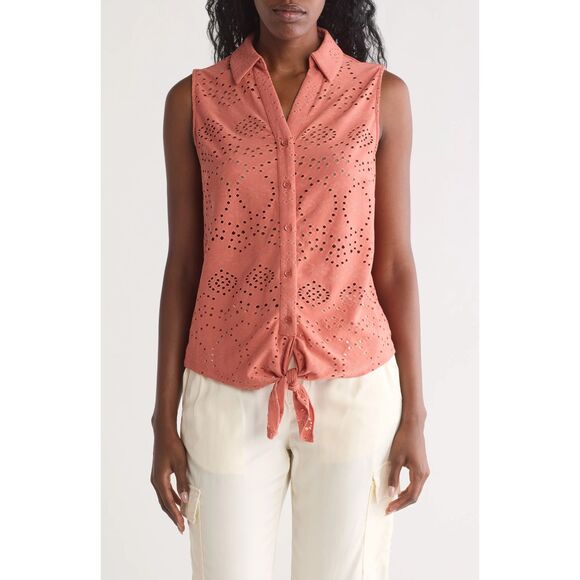 Adrianna Papell Eyelet Sleeveless Button-Up Blouse - Picture 1 of 1